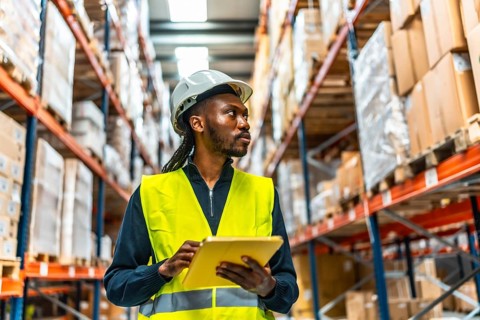 African worker with protective helmet and yellow reflective waistcoat using digital tablet taking