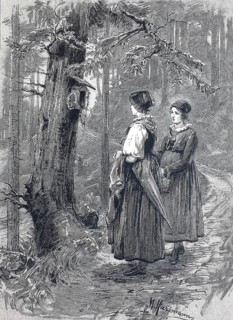 Two woman standing in front of a birdhouse by a tree on a path in the Black Forest, around 1890,
