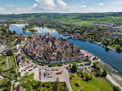 Aerial view of the historic old town of Stein am Rhein, Lake Rhine, Lake Constance, with the Rhine