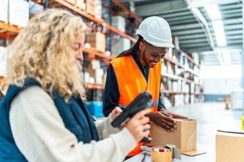Multiracial female and male manual workers preparing boxes to deliver in a modern warehouse
