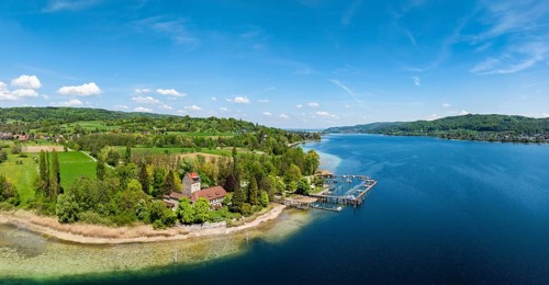 Aerial view, panorama of Oberstaad Castle, also Jacques Schiesser House on the southernmost part of