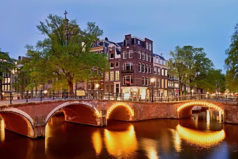 Prinsengracht canal in the evening light after sunset, Amsterdam, North Holland, Netherlands
