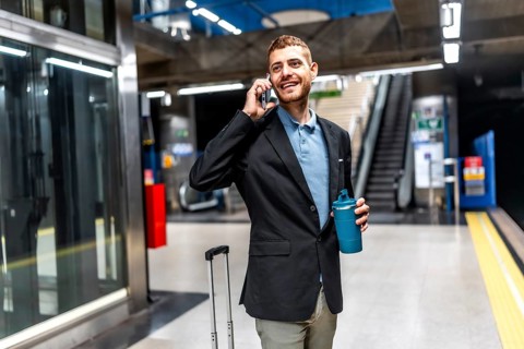 Young businessman talking on mobile phone and holding reusable coffee cup while waiting for subway