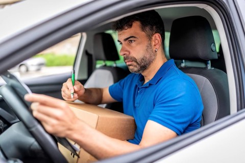 Delivery man checking a package ready to deliver sitting inside a car