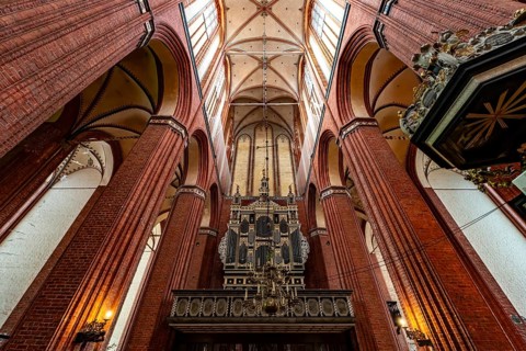 Interior and organ of St Nicholas' Church in the Hanseatic city of Wismar, Mecklenburg-Western