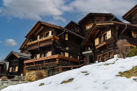 Old wooden farmhouses, mountain village of Ayer, Val d'Anniviers, Valais Alps, Canton Valais,