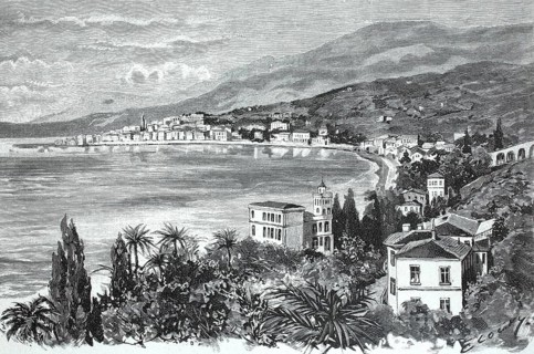 General view of Mentone, Menton, around 1890, in southern France, digital reproduction of an