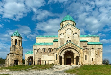 South façade of Bagrati Cathedral, Kutaisi Cathedral, and historic bell tower, Kutaisi, Imeretia,