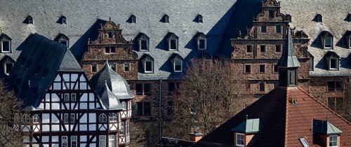 View from the city church tower to the New Palace and the armoury of Justus Liebig University,