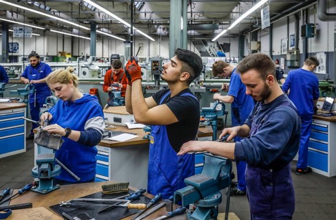 Remscheid, North Rhine-Westphalia, Germany - Trainees in the metalworking trades here during basic