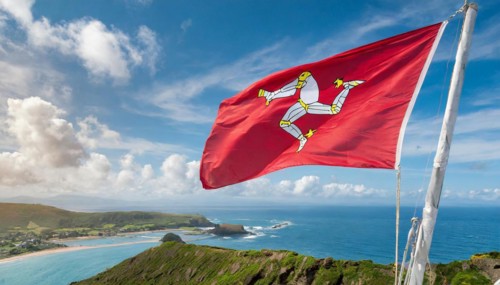 The flag of the Isle of Man, Great Britain, flutters in the wind