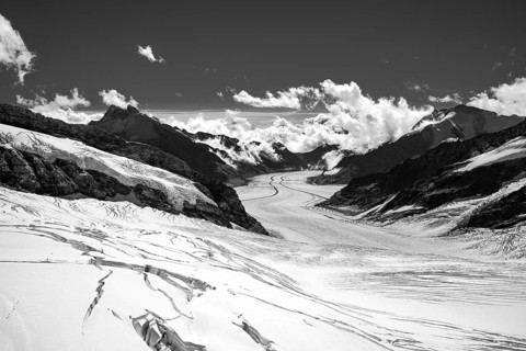 Snow mountains, the Swiss alps, Jungfrau Joch and glacier in black and white landscape.