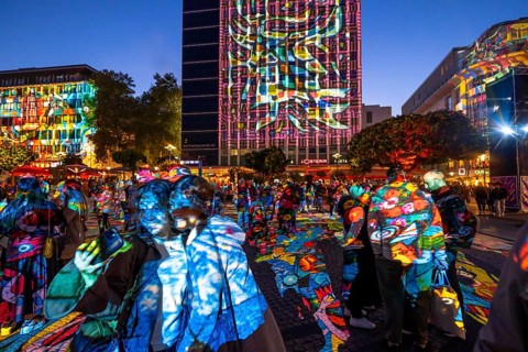 Essen Light Festival, in the city centre, light art on Kennedyplatz, the Berlin artist Daniel