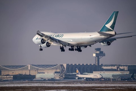 Cathay Pacific Boeing 747-8F cargo aircraft approaching Frankfurt FRA airport, air traffic control