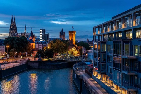 Skyline with Cologne Cathedral, Groß St. Martin Catholic Church, Malakoff Tower, Rheinauenhafen