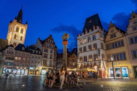 Houses, skyline on the main market square in the city centre of Trier, Rhineland-Palatinate,