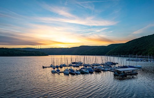 Lake Rursee, reservoir in the Eifel National Park, north-east bank near Heimbach, near the Rur dam