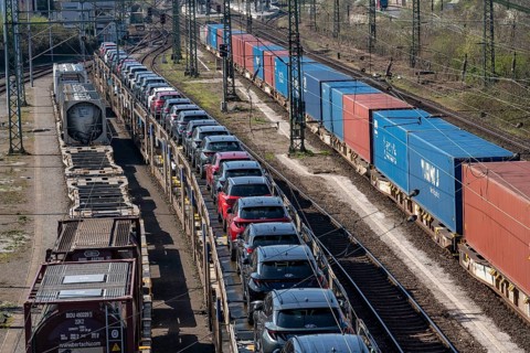 Duisburg-Rheinhausen freight station, at the Logport harbour area, goods trains loaded with new