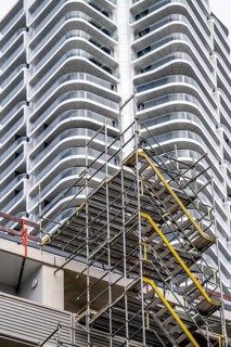 Facade of the Grand Tower building, in Frankfurt am Main, green facade, residential building,