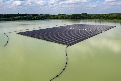 Germany's largest floating solar power plant on the Silbersee III, a quarry pond no longer used for