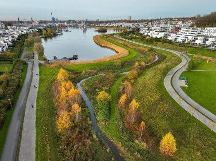 Dortmund, North Rhine-Westphalia, Germany, Phoenix Lake, front of the renaturalised Emscher. The