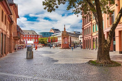 St Martin's Cathedral and Renaissance market fountain in Mainz, Rhineland-Palatinate, Germany,