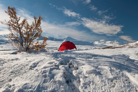 Tent in mountain landscape, Sarek National Park, Laponia World Heritage Site, Norrbotten, Lapland,
