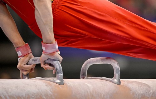 Feature detail close-up Senne Spyckerelle BEL pommel horse action gymnastics, EnBW DTB-Pokal,
