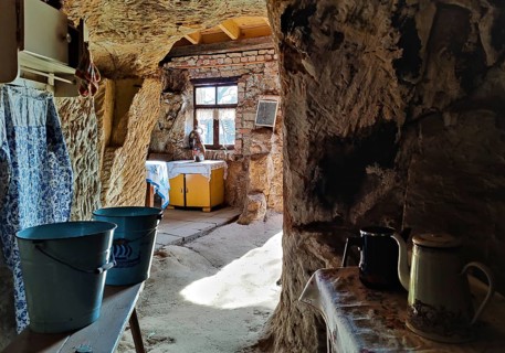 Cave flats in Langenstein, district of Halberstadt, Harz county, Saxony-Anhalt, Germany, Europe