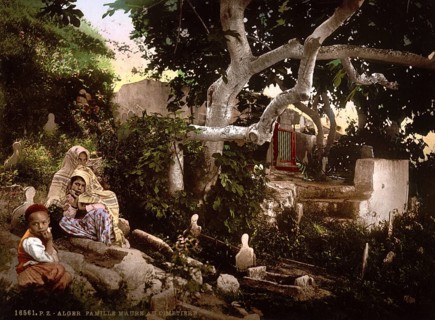 Moorish family in the cemetery, Algiers, Algeria, ca 1890, Historical, digitally restored