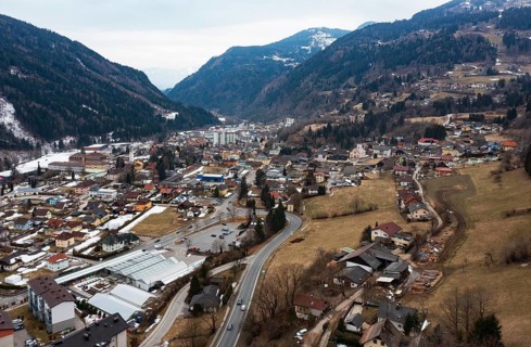 Drone image, residential buildings, view of town, Radenthein, Gegendtal, Carinthia, Austria, Europe