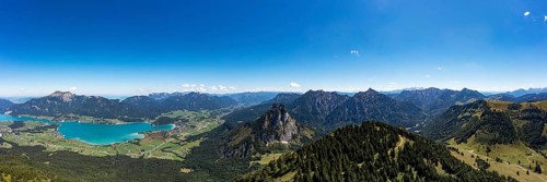 Drone shot, view from the summit of the Bleckwand to the Wolfgangsee, Osterhorngruppe,
