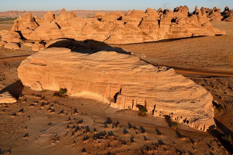 Nabataean Tombs at the Rock Qasr Al-Bint, Blue Hour, Hegra or Mada'in Salih, AlUla Region, Medina