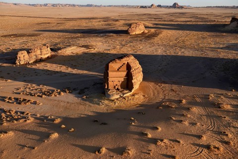 Qasr Al-Farid, 2000-year-old tomb of the Nabataeans, aerial view, Hegra or Madain Salih, AlUla