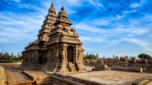 Panorama of famous Tamil Nadu landmark, Shore temple, world heritage site in Mahabalipuram, Tamil