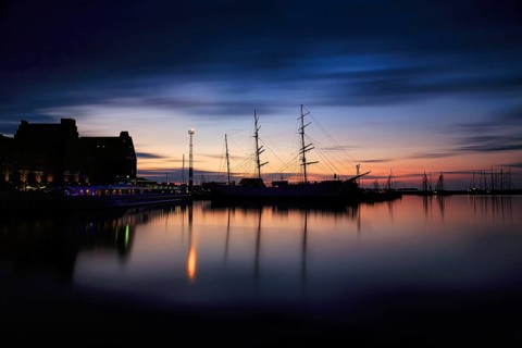 Sail training ship Gorch Fock, long exposure at dusk, backlight, Stralsund harbour, Germany, Europe