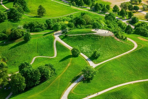 Aerial view of Olympiapark from Olympiaturm (Olympic Tower) . Munich, Bavaria, Germany, Europe