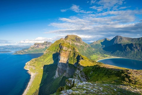 View from Finnesfjellet mountain to mountains and coast, evening Finnes, Helgeland coast, Bodø,