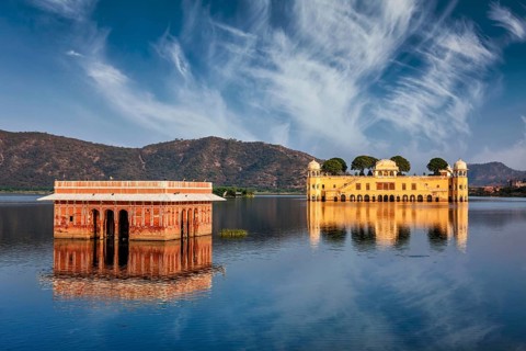 Rajasthan landmark, Jal Mahal (Water Palace) on Man Sagar Lake on sunset. Jaipur, Rajasthan, India,