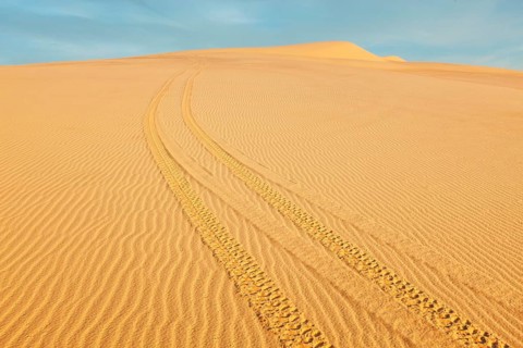 All-terrain vehicle (ATV) tracks in white sand dunes on sunrise, Mui Ne, Vietnam. Dunes around Bao