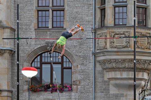 International Pole Vault Meeting in Dessau-Roßlau on 13/09/2022, pole vaulter crossing the bar,