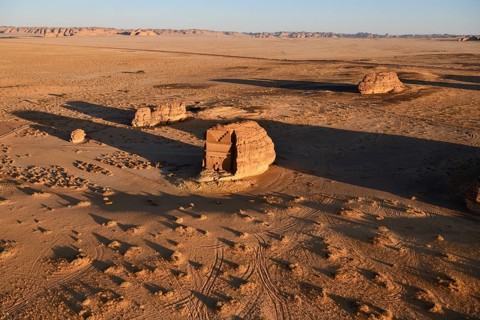 Qasr Al-Farid, 2000-year-old tomb of the Nabataeans, aerial view, Hegra or Madain Salih, AlUla
