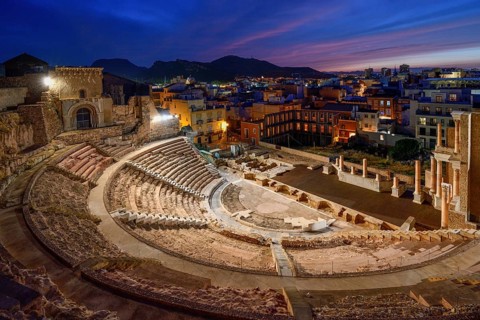 Teatro Romano, blue hour, Roman amphitheater, in the old town of Cartagena, Murcia region, Spain,