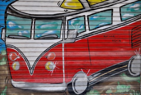 Graffito on a house wall, VW bus, Bulli, Cartagena, Murcia region, Spain, Europe