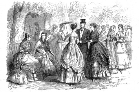 Summer fashion in 1869 in Paris, Noble people walking on Sunday afternoon, France, Historic,