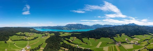 Drone shot, panorama shot, agricultural landscape, Oberaschau with Attersee and Höllengebirge,