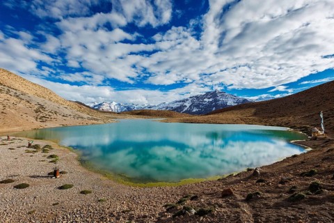 Dhankar Lake in Himalayas. Spiti Valley, Himachal Pradesh, India, Asia