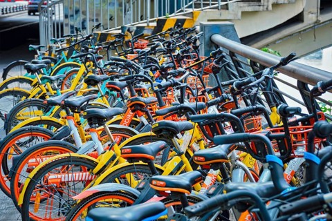 CHENGDU, CHINA, APRIL 15, 2018: Mobike bikes for share parked in Chengdu, Sichuan, China, Asia