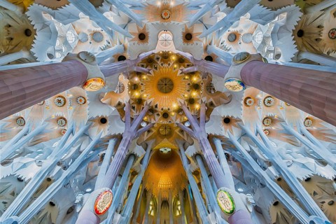 Interior view of the Familia Sagrada by the architect Antonio Gaudi in Barcelona, Spain, Europe