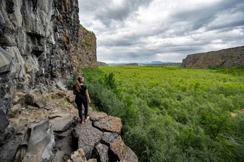Tourist standing at the canyon, Asbyrgi Canyon, Lake Botnstjörn, lake at a cliff, Icelandic